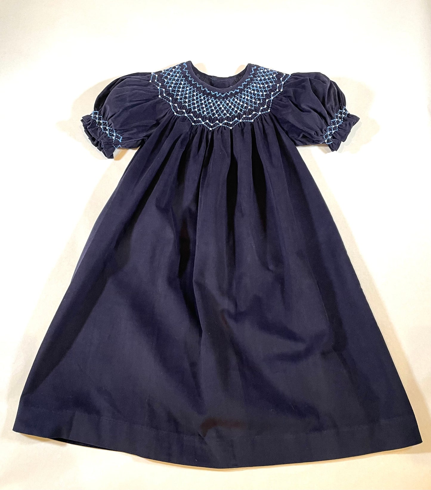 Navy Corduroy Geometric Smocked with Pearl Long Sleeve Bishop Dress