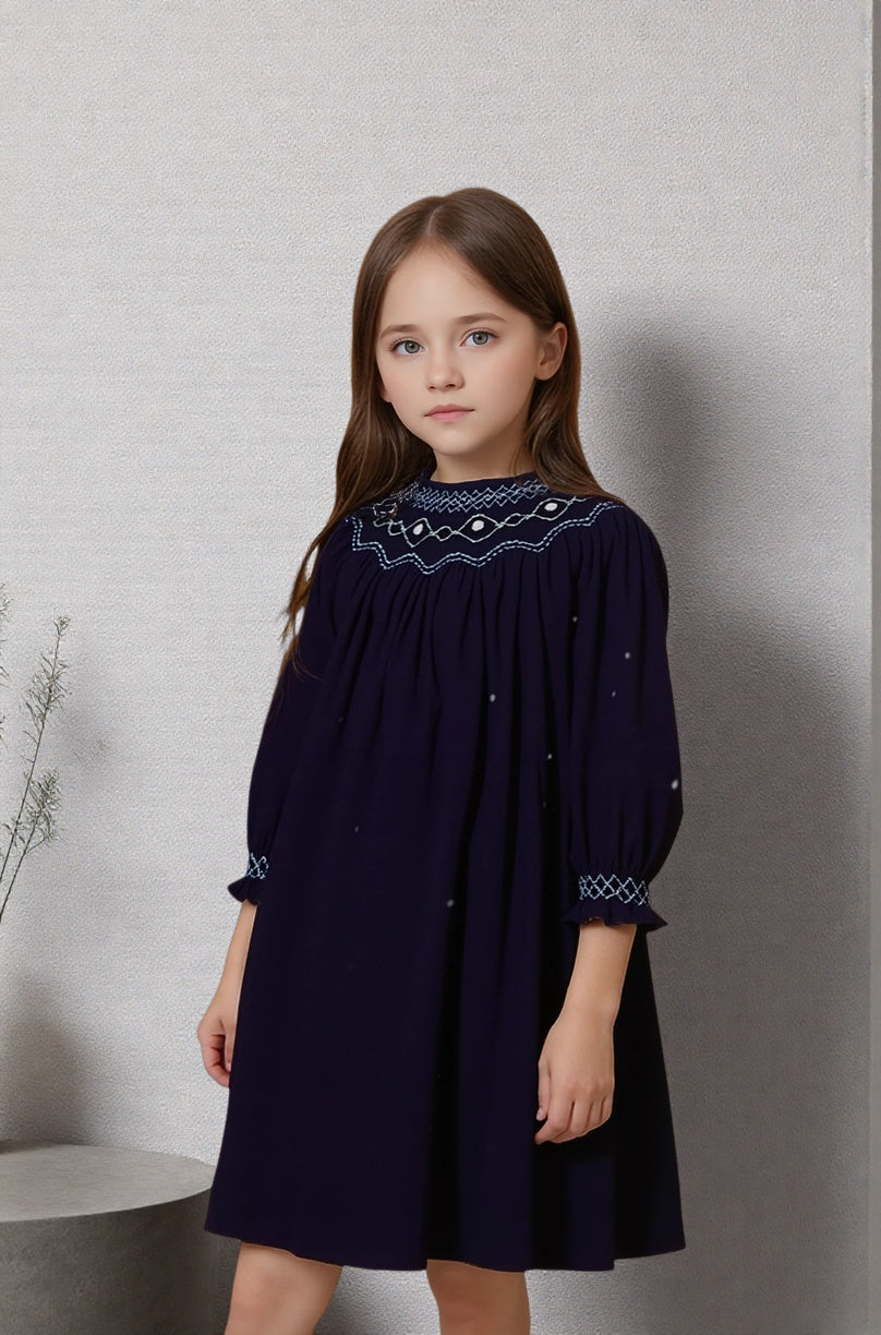 Navy Corduroy Geometric Smocked with Pearl Long Sleeve Bishop Dress