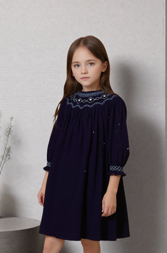 Navy Corduroy Geometric Smocked with Pearl Long Sleeve Bishop Dress