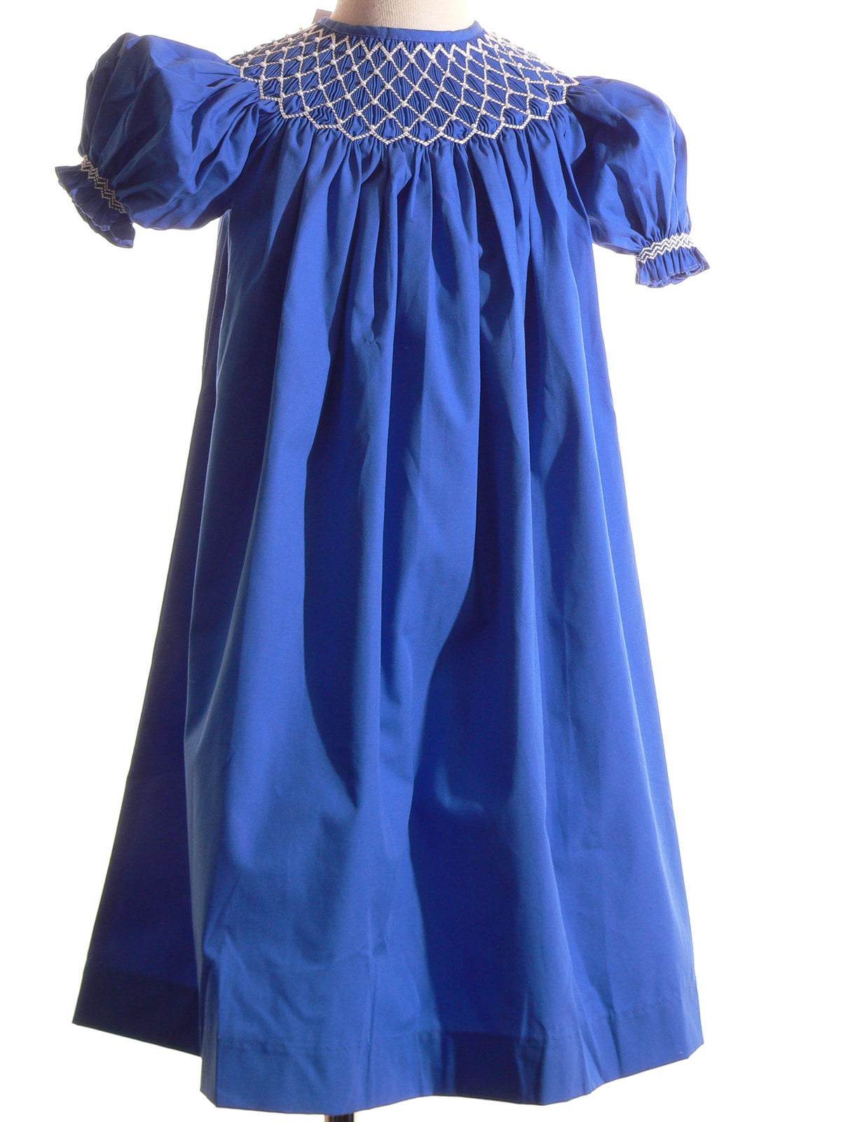 Blue Geometric Smocked With Pearls Short Sleeve Bishop Dress