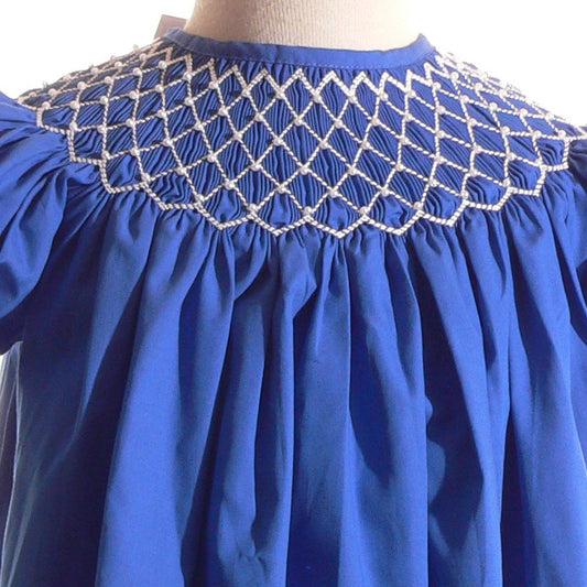 Blue Geometric Smocked With Pearls Short Sleeve Bishop Dress