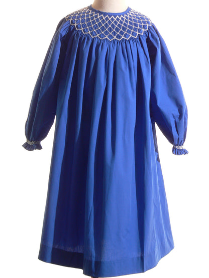 Blue Geometric Smocked With Pearls Long Sleeve Bishop Dress