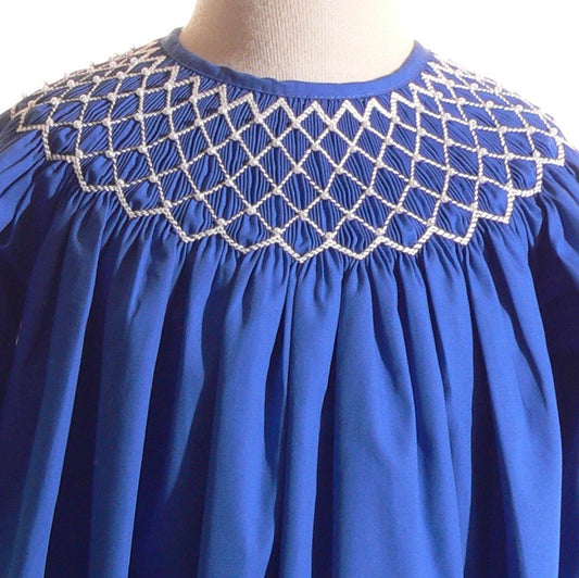 Blue Geometric Smocked With Pearls Long Sleeve Bishop Dress