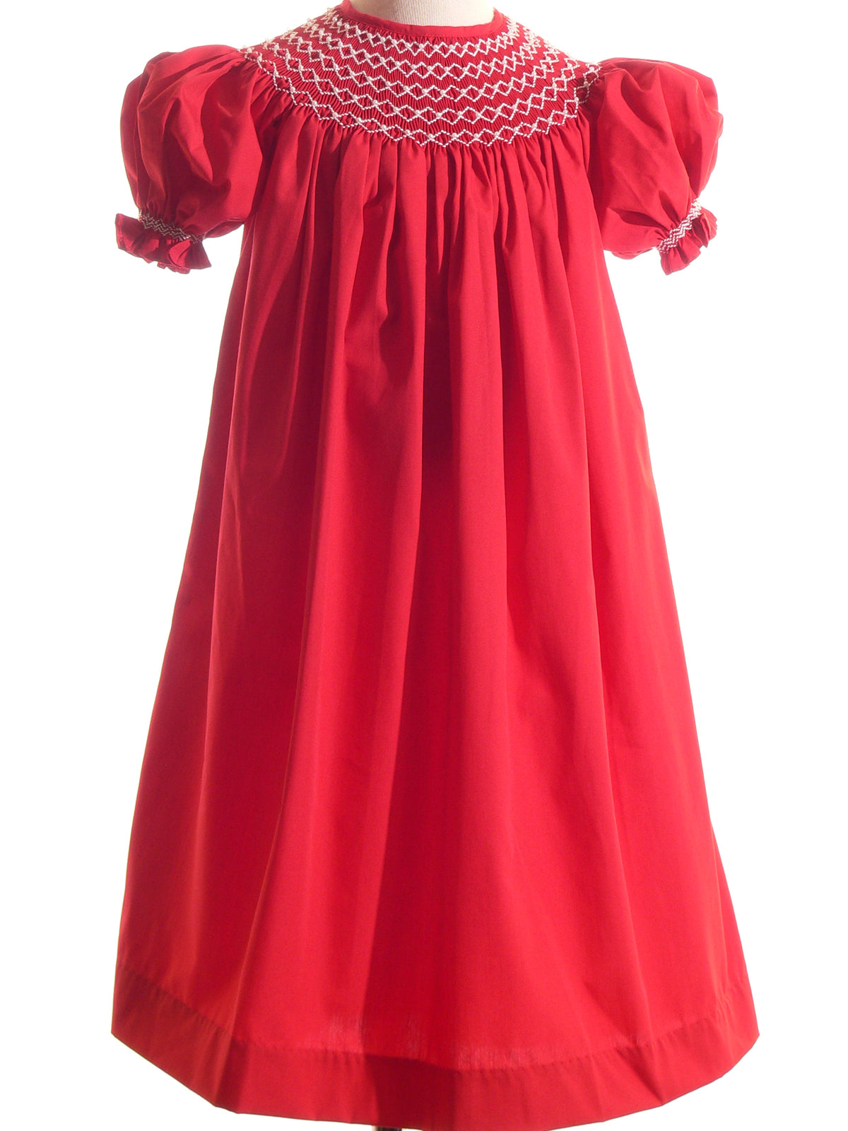 Red Geometric Smocked With Pearls Short Sleeve Dress