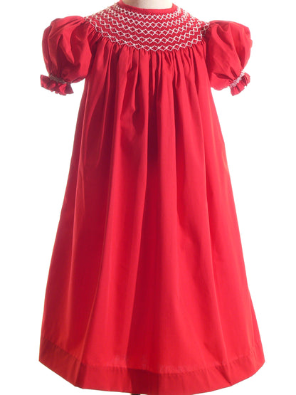 Red Geometric Smocked With Pearls Short Sleeve Dress