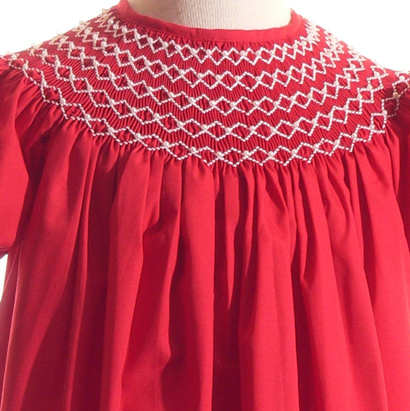 Red Geometric Smocked With Pearls Short Sleeve Dress