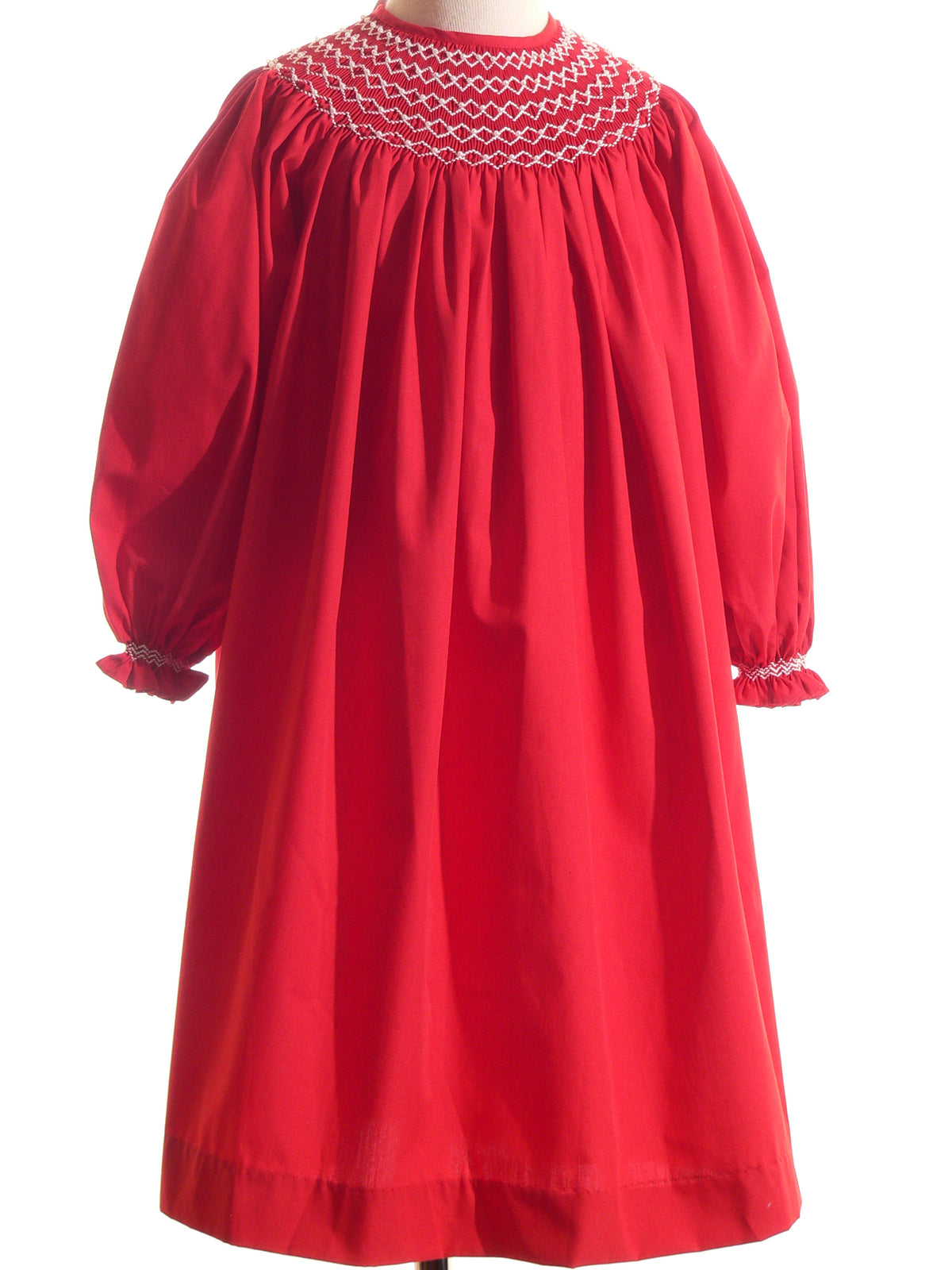 Red Geometric Smocked With Pearls Long Bishop Sleeve Dress