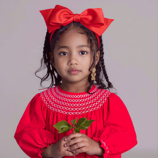 Red Geometric Smocked With Pearls Long Bishop Sleeve Dress