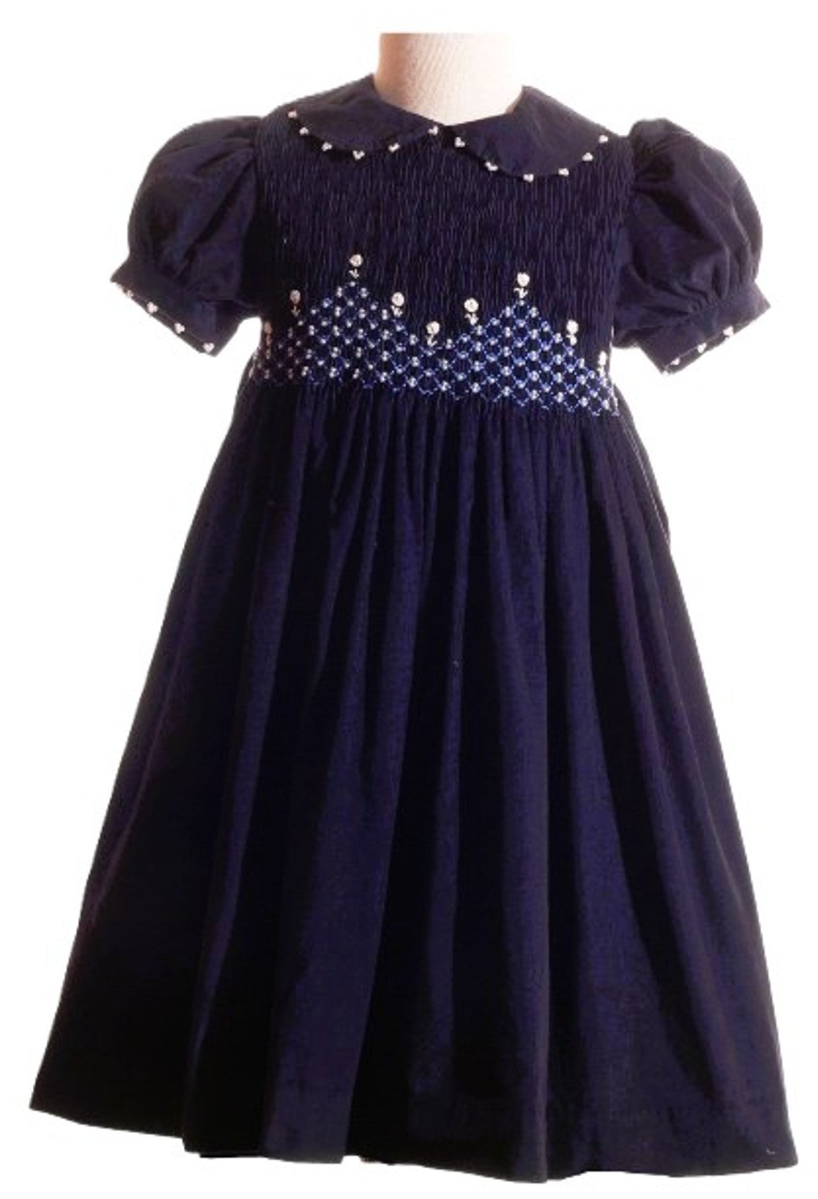 Navy Corduroy Geo Smocked Short Sleeve Dress