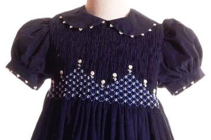Navy Corduroy Geo Smocked Short Sleeve Dress