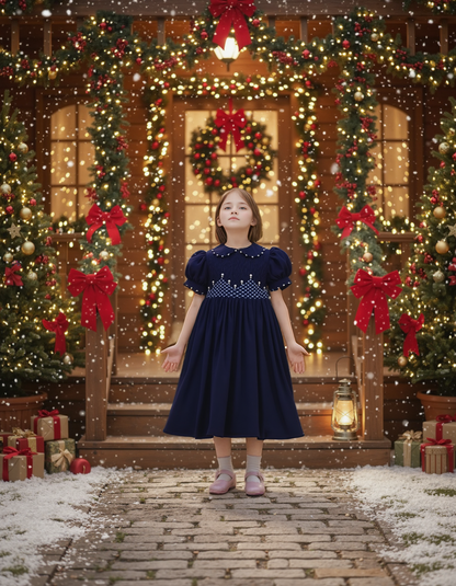 Navy Corduroy Geo Smocked Short Sleeve Dress