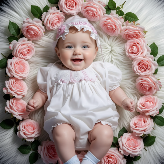 White Smocked Short Sleeve Bubble with Pink Ribbon and Bonnet