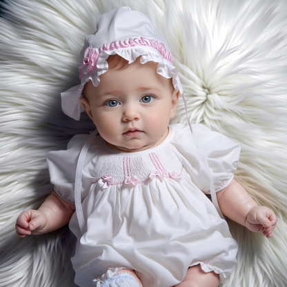 White Smocked Short Sleeve Bubble with Pink Ribbon and Bonnet