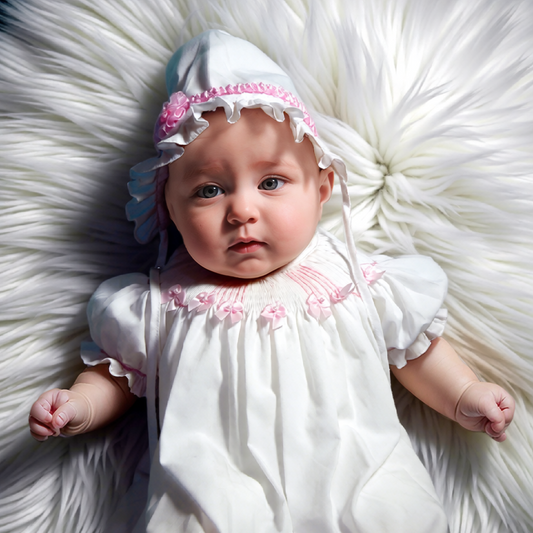 White Smocked Short Sleeve Dress with Pink Ribbon Bows and Bonnet