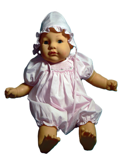 Pink Geometric Smocked with Roses Short Raglan Sleeve Dress & Beautiful Bonnet