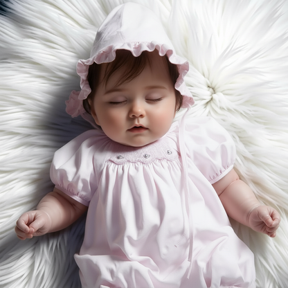 Pink Geometric Smocked with Roses Short Raglan Sleeve Dress & Beautiful Bonnet