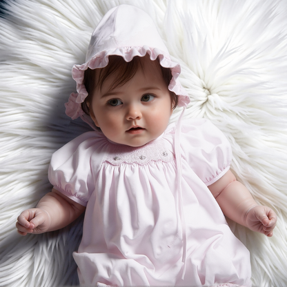 Pink Geometric Smocked with Roses Short Raglan Sleeve Dress & Beautiful Bonnet