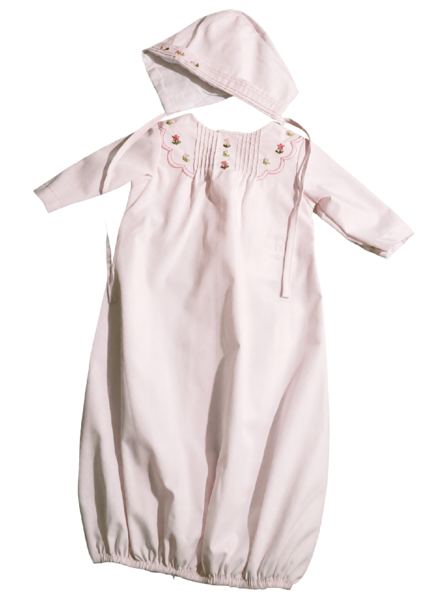 Pink Heirloom Rosebud Hand Embroidered Gown With Beautiful Bonnet