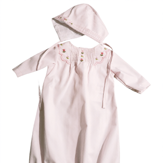 Pink Heirloom Rosebud Hand Embroidered Gown With Beautiful Bonnet