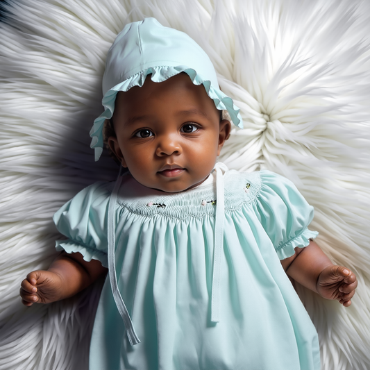 Mint Geometric Smocked With Flowers Short Bishop Sleeve Dress & Beautiful Bonnet