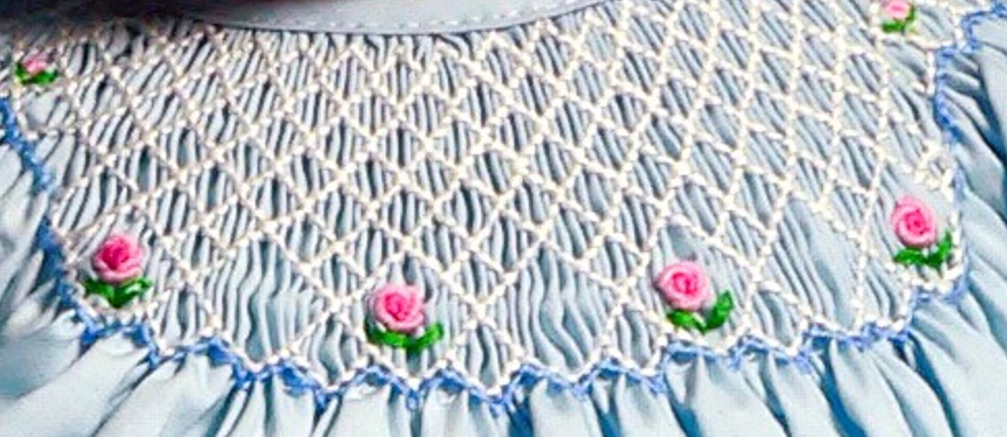 Blue Geometric Smocked With Roses Short Sleeve Dress & Beautiful Bonnet