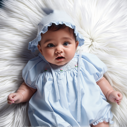 Blue Geometric Smocked With Roses Short Sleeve Bubble & Beautiful Bonnet