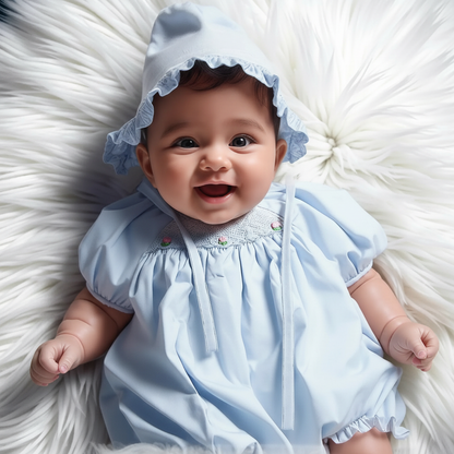 Blue Geometric Smocked With Roses Short Sleeve Bubble & Beautiful Bonnet