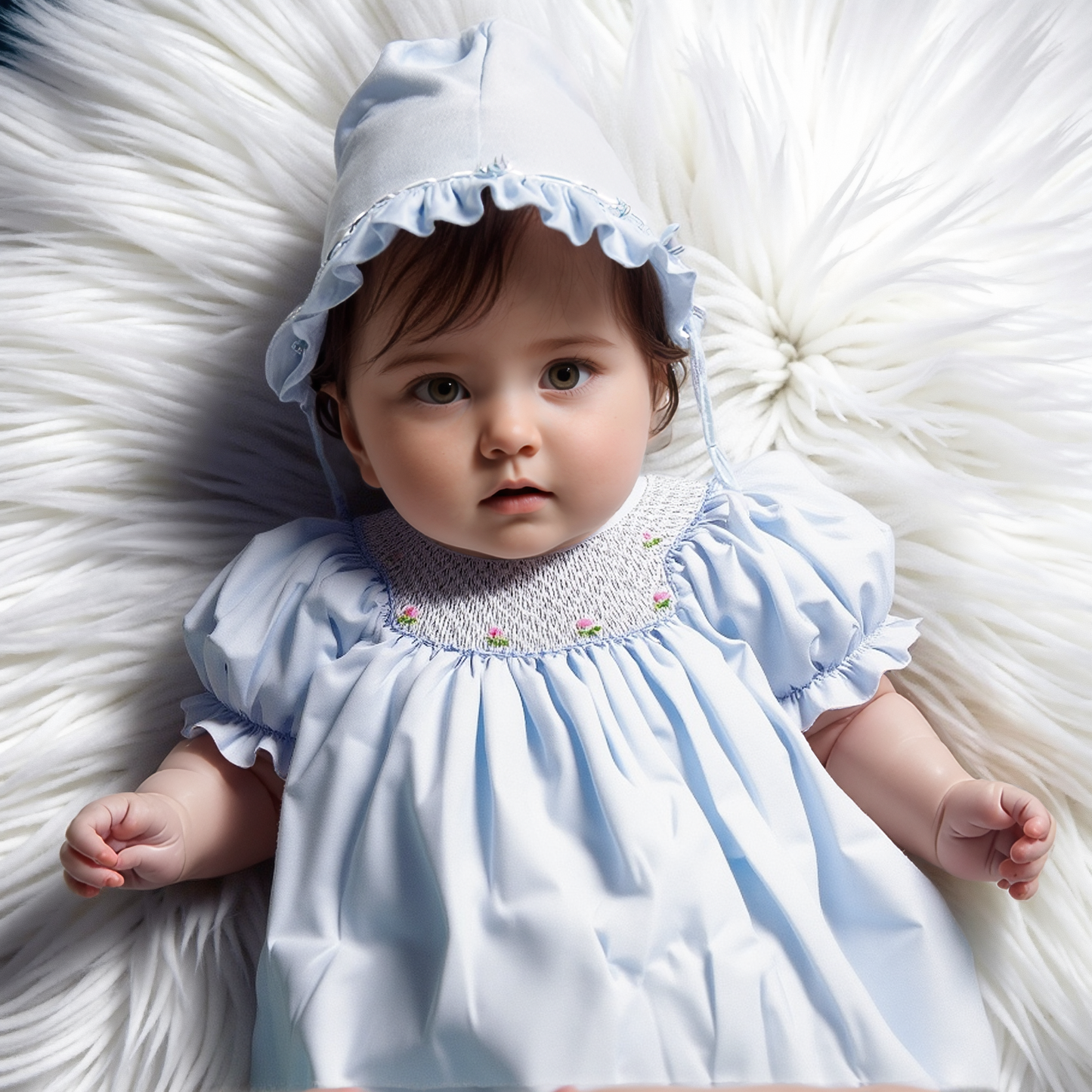Blue Geometric Smocked With Roses Short Sleeve Dress & Beautiful Bonnet