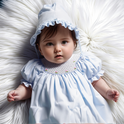 Blue Geometric Smocked With Roses Short Sleeve Dress & Beautiful Bonnet
