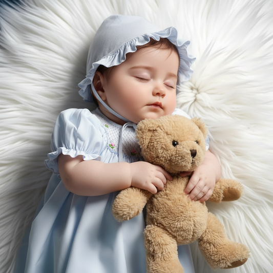 Blue Geometric Smocked With Roses Short Sleeve Dress & Beautiful Bonnet