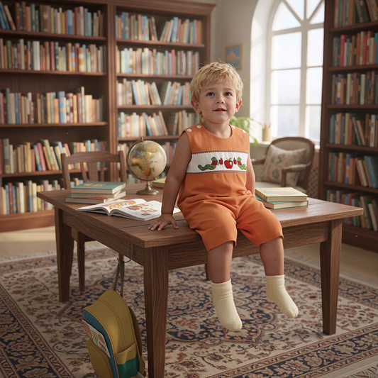 A young child with blond hair sits on a wooden table in a cozy library or study filled with bookshelves. The child is wearing an orange sleeveless romper with a white chest panel featuring a colorful fruit pattern, cream socks, and is looking to the side.