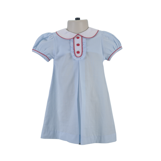 Blue Peter Pan Collar Pleated Dress With APPLES embroidered