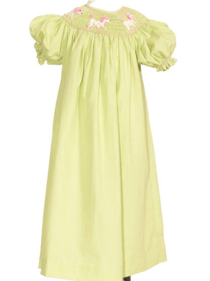 Green Gingham Poodle Smocked Short Sleeve Bishop Dress