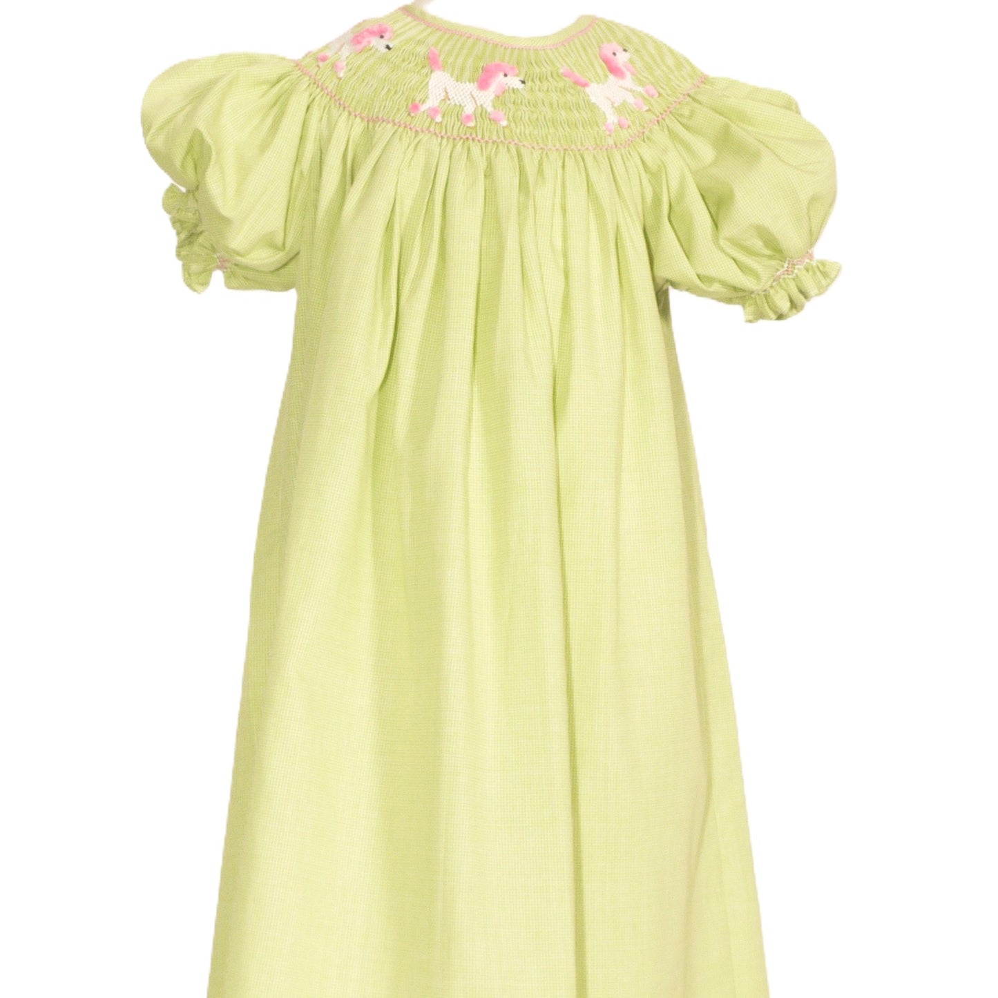 Green Gingham Poodle Smocked Short Sleeve Bishop Dress
