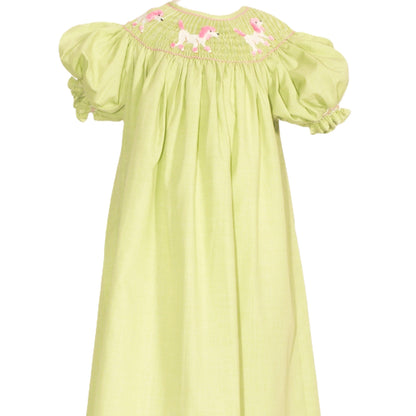 Green Gingham Poodle Smocked Short Sleeve Bishop Dress