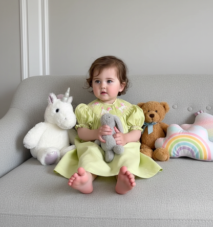 Green Gingham Poodle Smocked Short Sleeve Bishop Dress