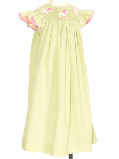 Green Gingham Poodle Smocked Angel Wing Dress