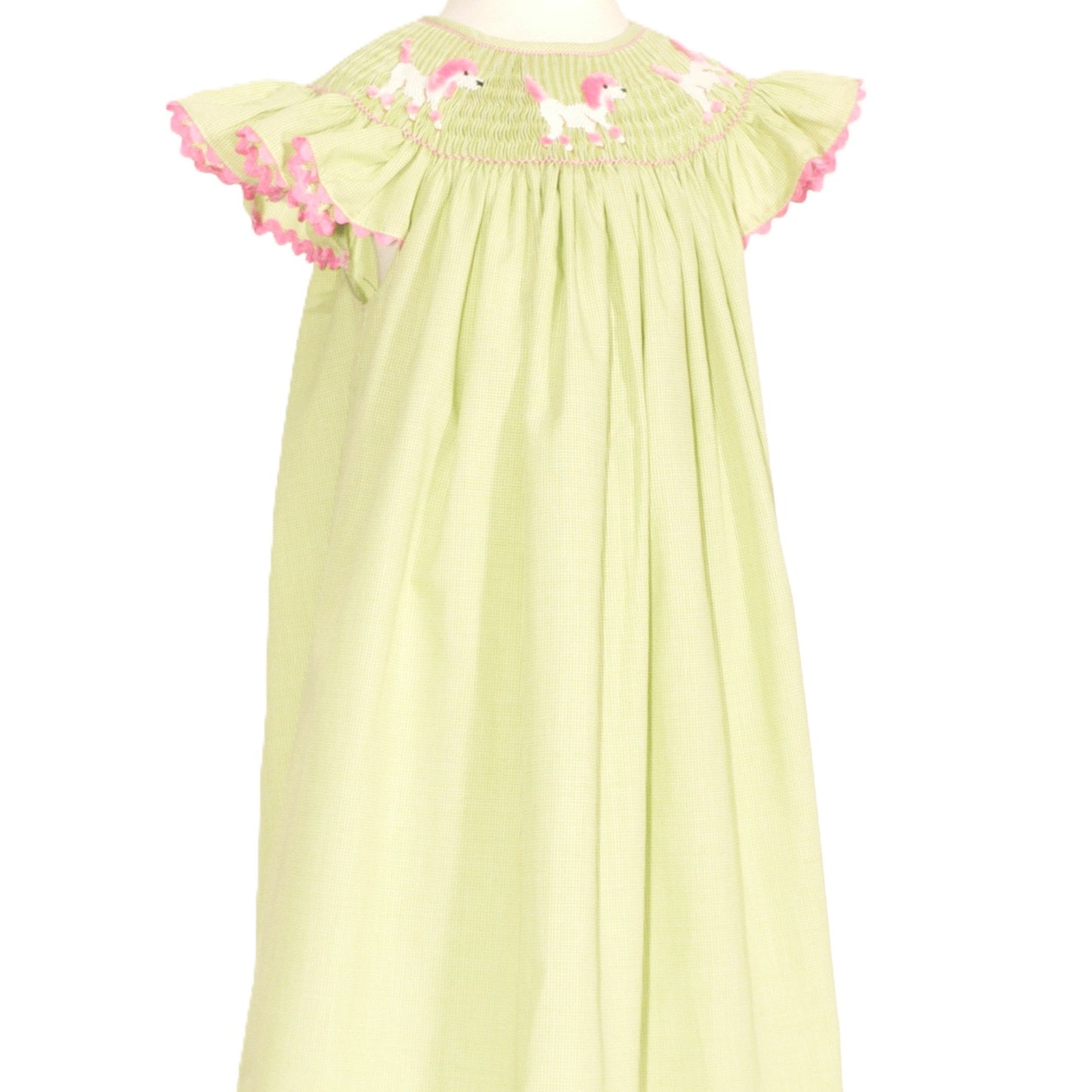 Green Gingham Poodle Smocked Angel Wing Dress