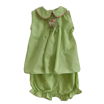 Green Gingham Poople Smocked Short Sleeve Bloomer Set