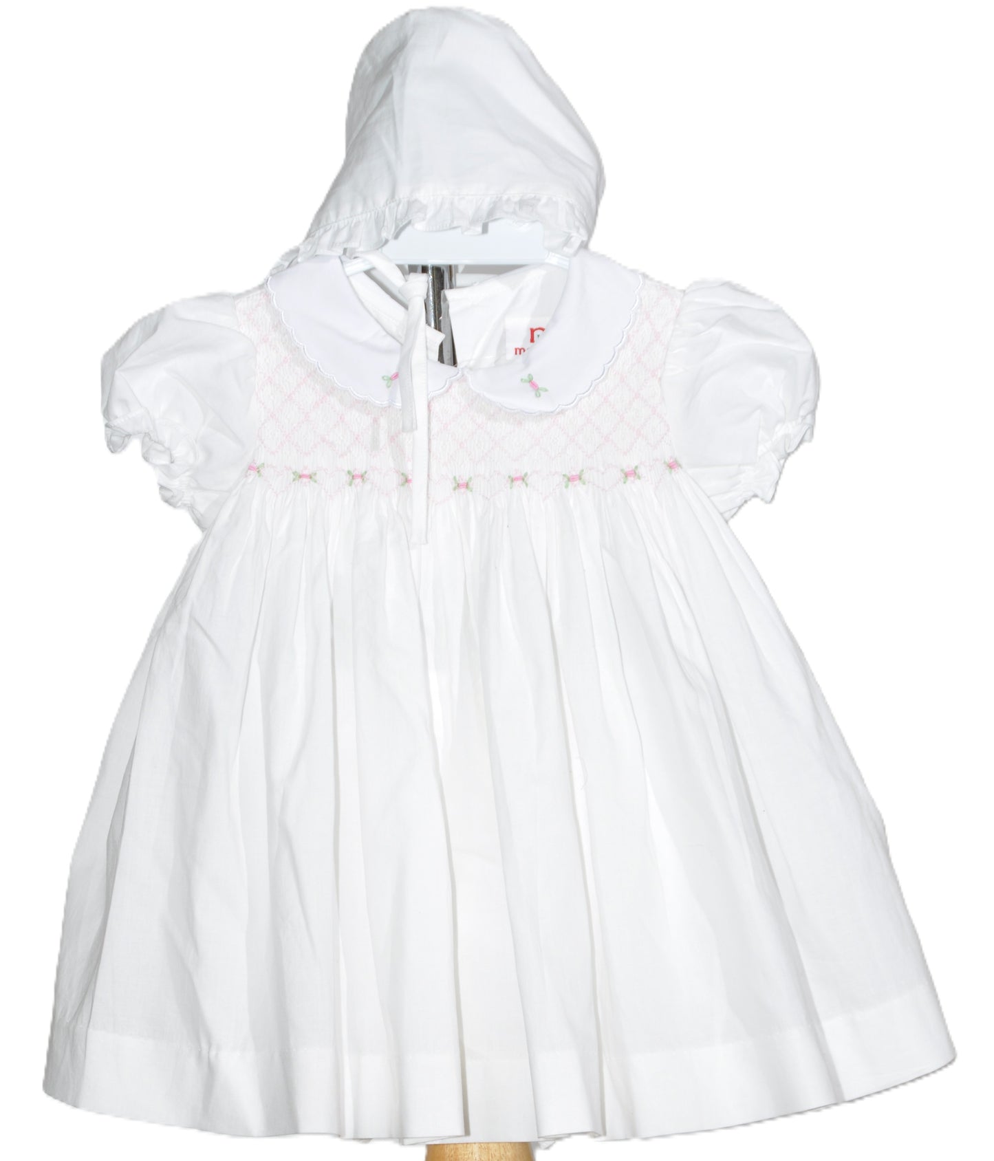 White Geometric Smocked With Roses Short Sleeve Dress & Beautiful Bonnet