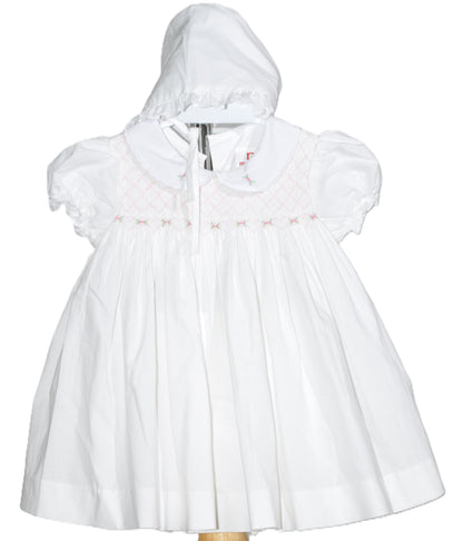 White Geometric Smocked With Roses Short Sleeve Dress & Beautiful Bonnet