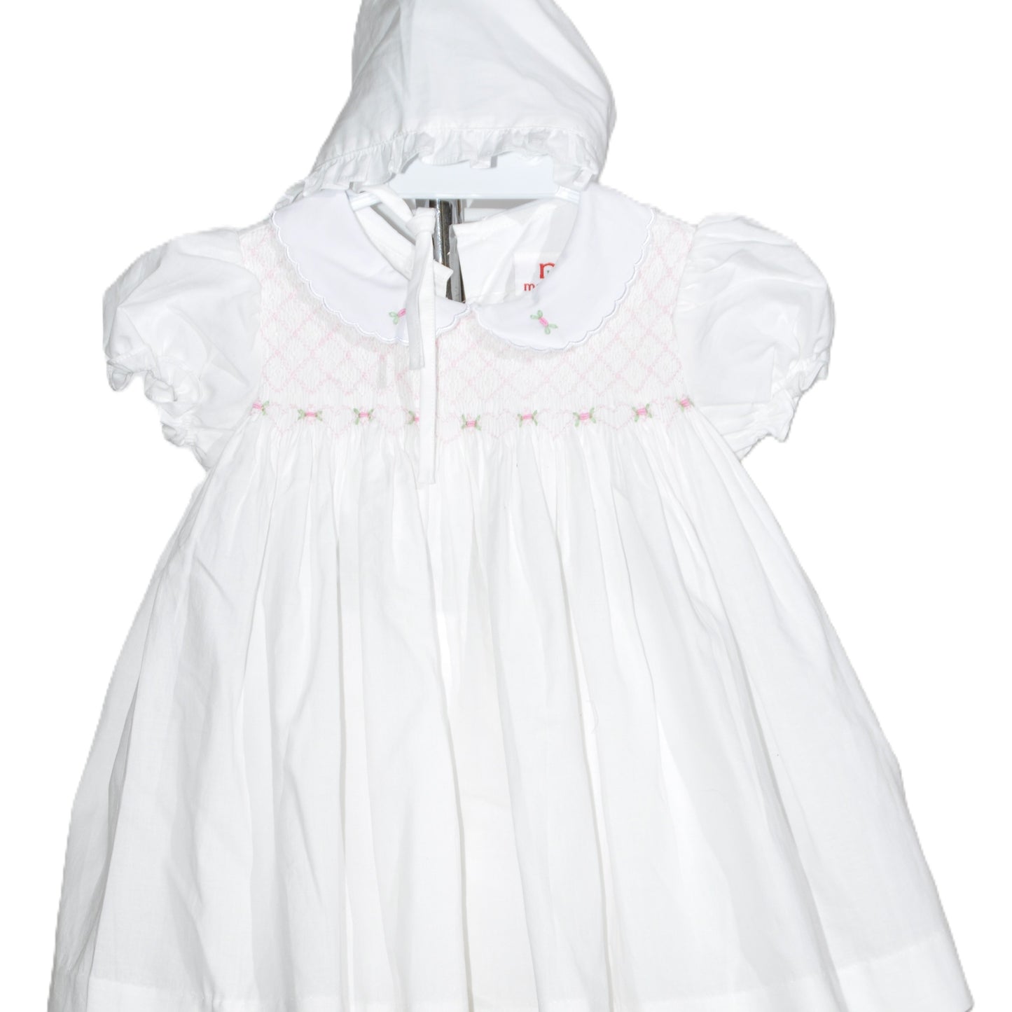 White Geometric Smocked With Roses Short Sleeve Dress & Beautiful Bonnet