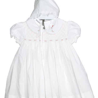 White Geometric Smocked With Roses Short Sleeve Dress & Beautiful Bonnet