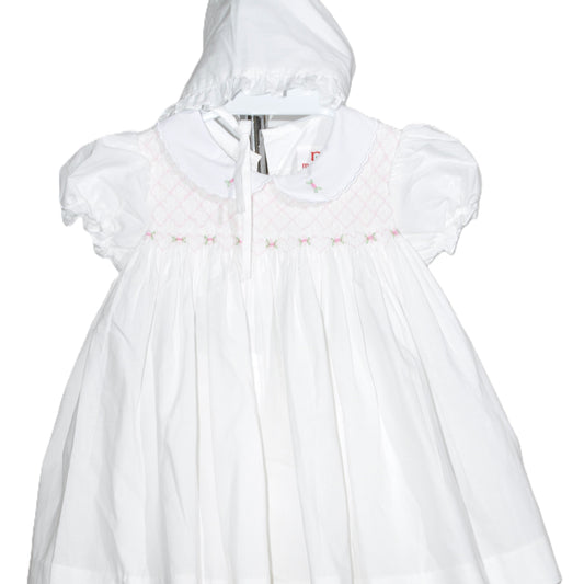 White Geometric Smocked With Roses Short Sleeve Dress & Beautiful Bonnet