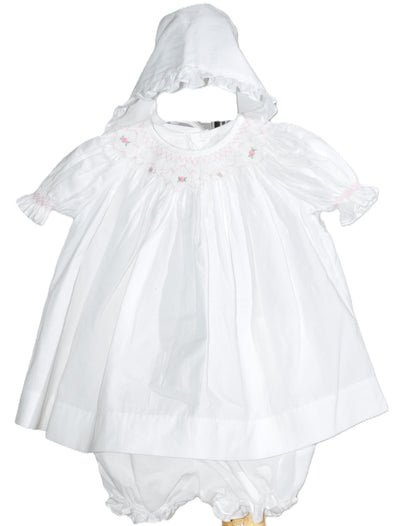 White Geometric Smocked With Roses Short Bishop Sleeve with Beautiful Bonnet