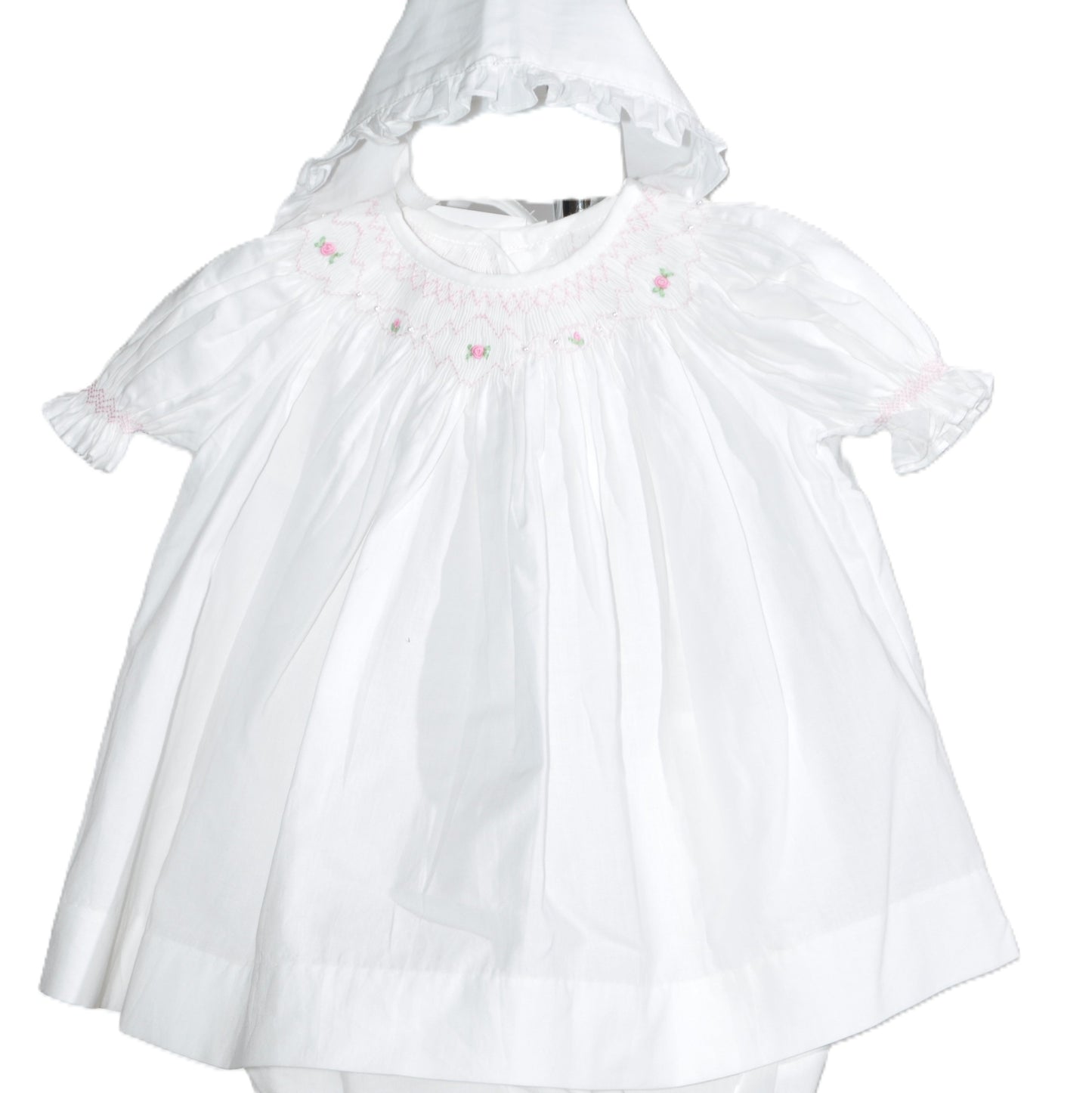 White Geometric Smocked With Roses Short Bishop Sleeve with Beautiful Bonnet