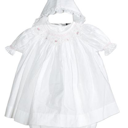 White Geometric Smocked With Roses Short Bishop Sleeve with Beautiful Bonnet