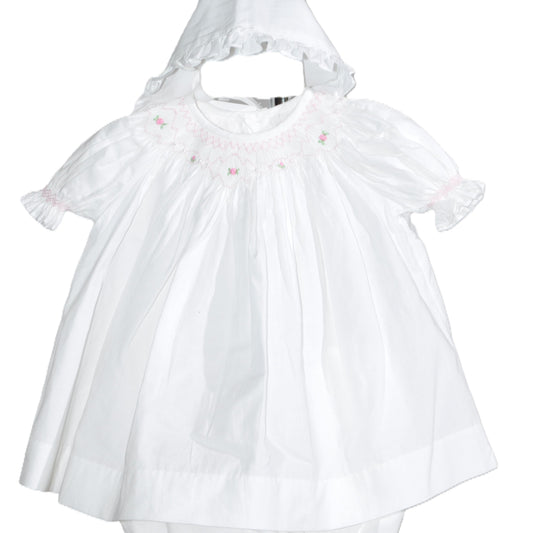 White Geometric Smocked With Roses Short Bishop Sleeve with Beautiful Bonnet