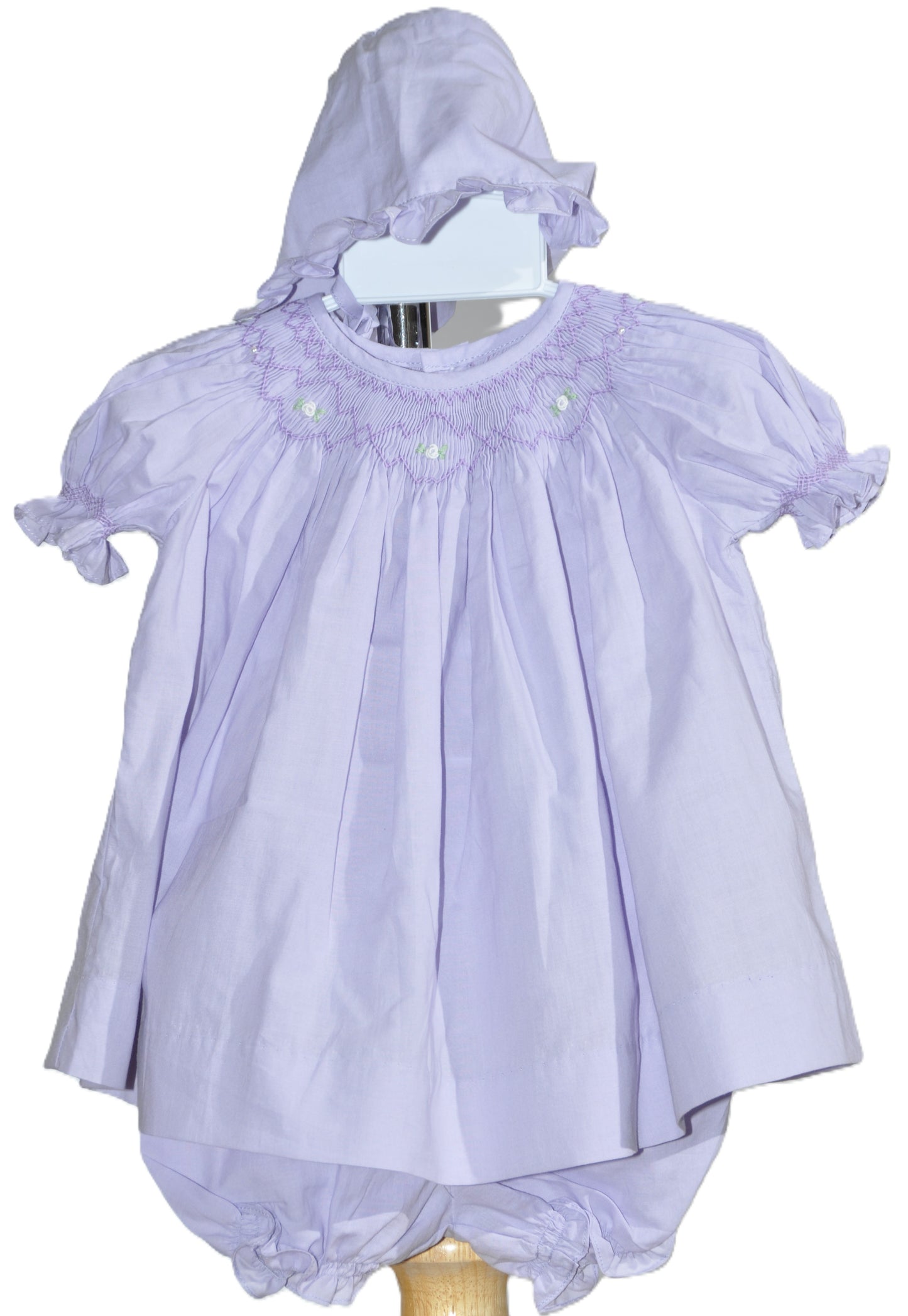 Purple Smocked Short Sleeve Bishop Dress with Beautiful Bonnet
