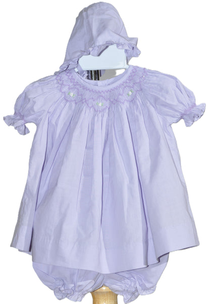 Purple Smocked Short Sleeve Bishop Dress with Beautiful Bonnet